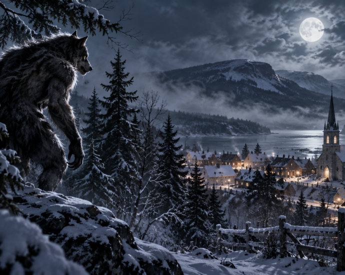 Illustration of a loup-garou overlooking a snowy French-Canadian village under a full moon