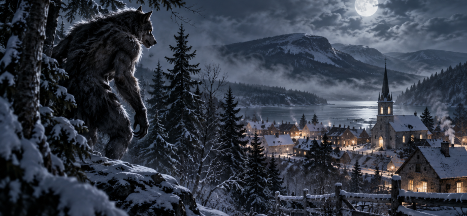 Illustration of a loup-garou overlooking a snowy French-Canadian village under a full moon