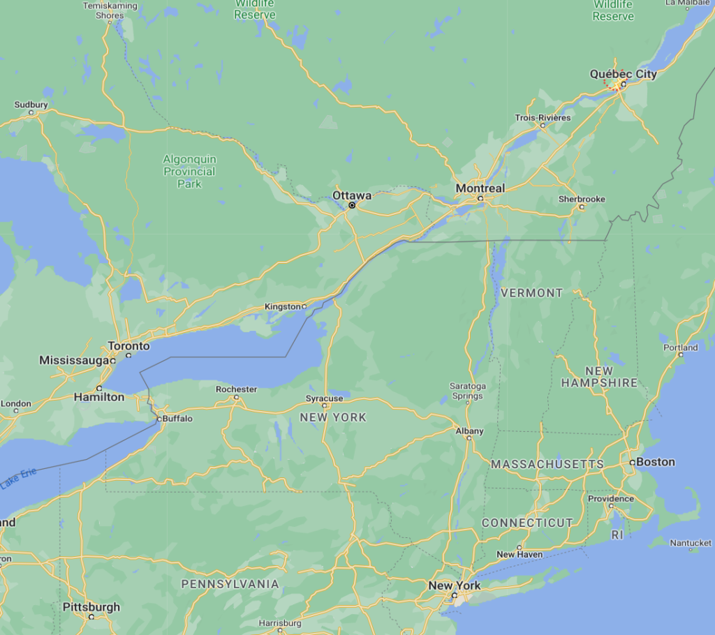 Map showing Quebec City on the St. Lawrence River in Quebec, Canada