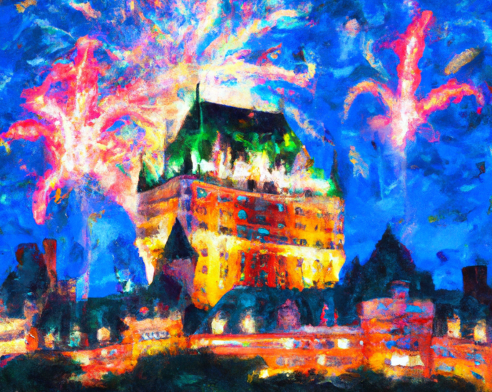 Impressionist illustration of Château Frontenac with fireworks