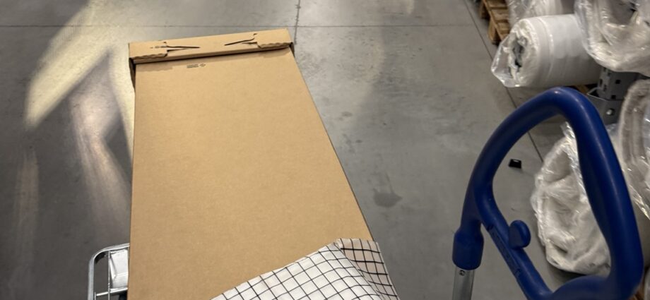 Shopping cart with boxed furniture and a pillow inside IKEA Quebec City