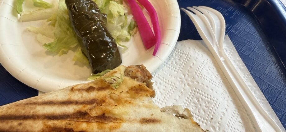 Grilled shish taouk sandwich with salad and stuffed grape leaf at Restaurant Le Roi de Shish Taouk in Quebec City