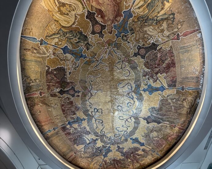 The Saint-Amand-les-Eaux mosaic cupola inside Simons in Old Quebec, dedicated to Carlo and Maria Cusan and Quebec City's Italian community