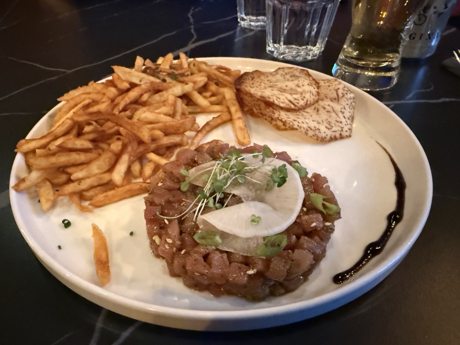 Asian tuna tartare with fries and toast at Veravin in Quebec City